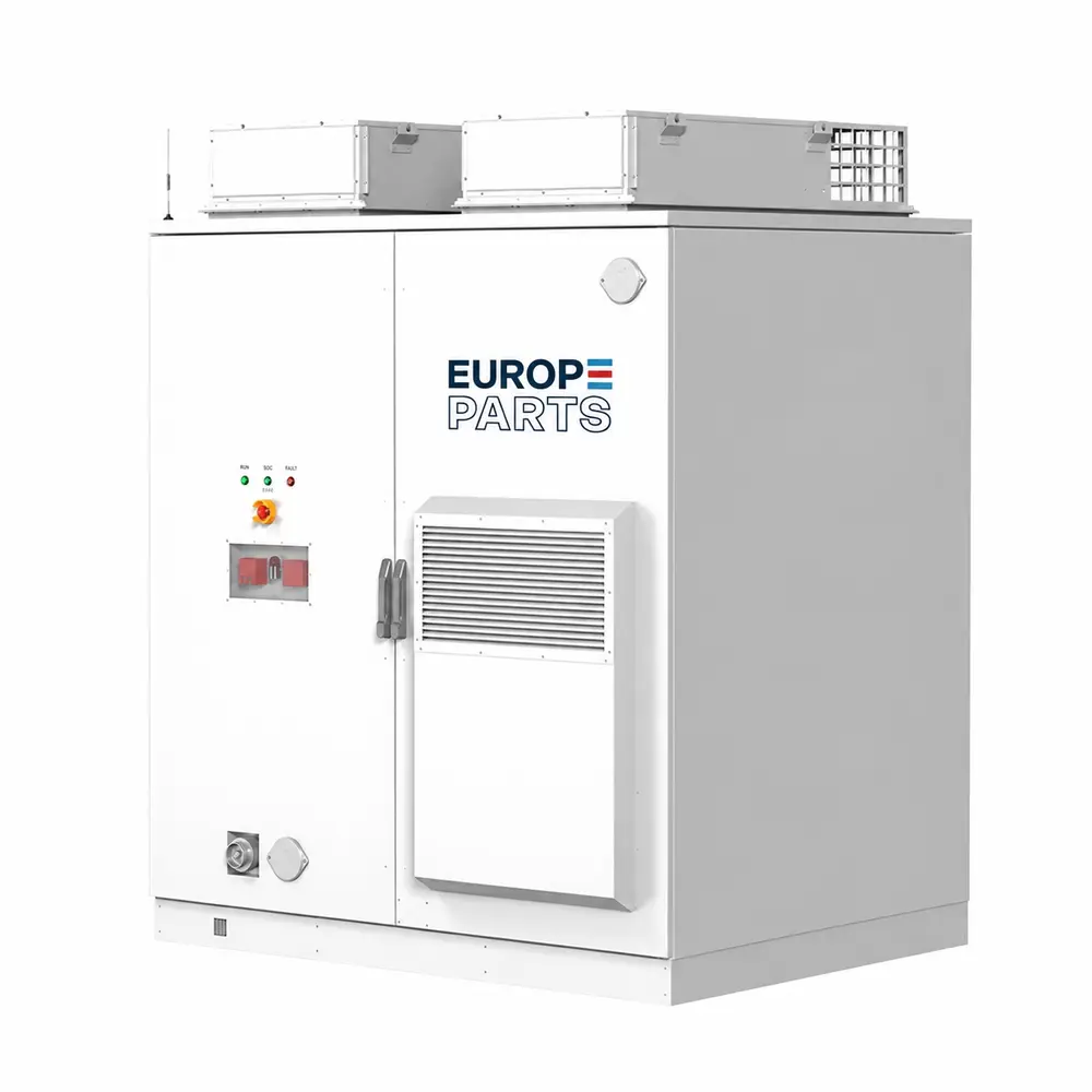 Cabinet BESS Europe Parts de 600 kWh, cu două uși și două unități de răcire pe acoperiș.