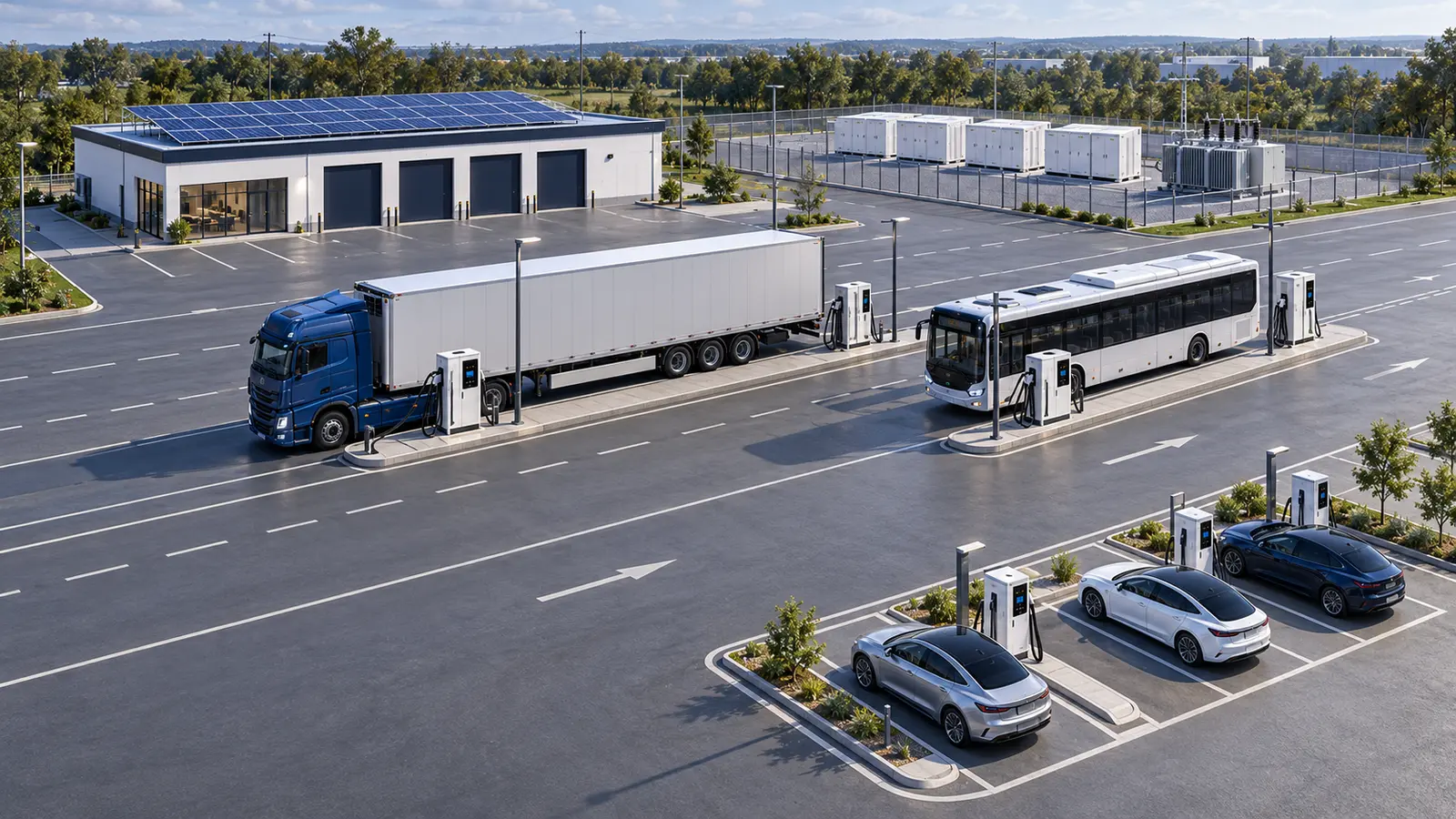 Concept de amplasare pentru încărcarea camioanelor, autobuzelor și flotelor, cu energie solară și stocare.
