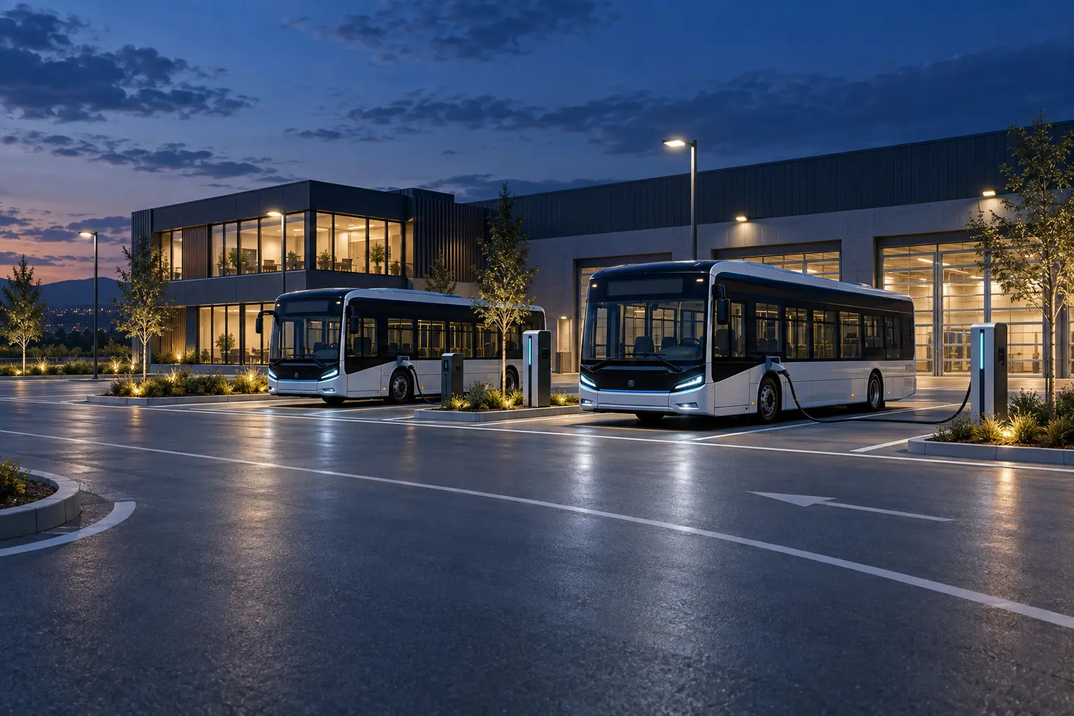 Vizualizare conceptuală a unui depou cu autobuze electrice și încărcare în locurile de staționare.