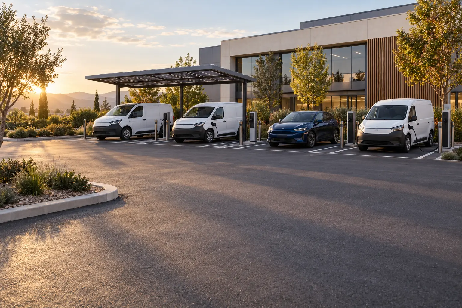 Vizualizare conceptuală a unei parcări de companie cu autoutilitare electrice, încărcare și copertină fotovoltaică.